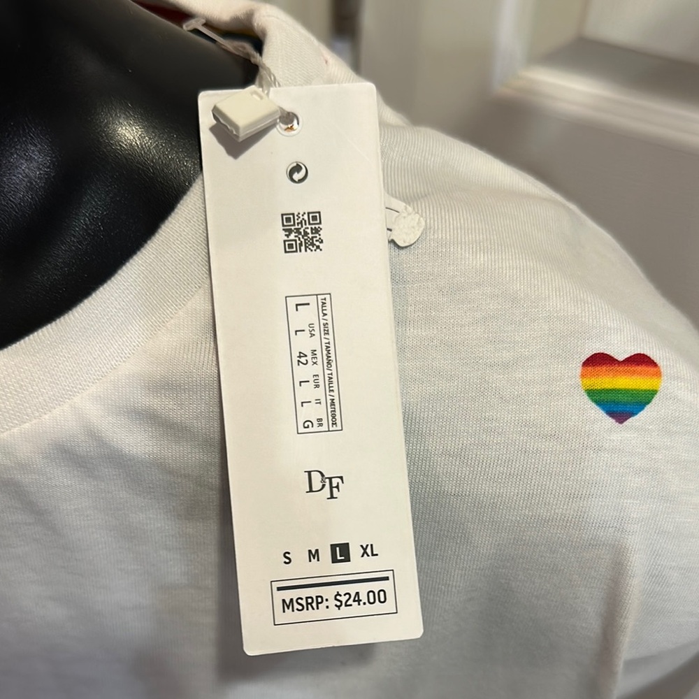 New Denim & Flower White Tee with Rainbow Heart Pride